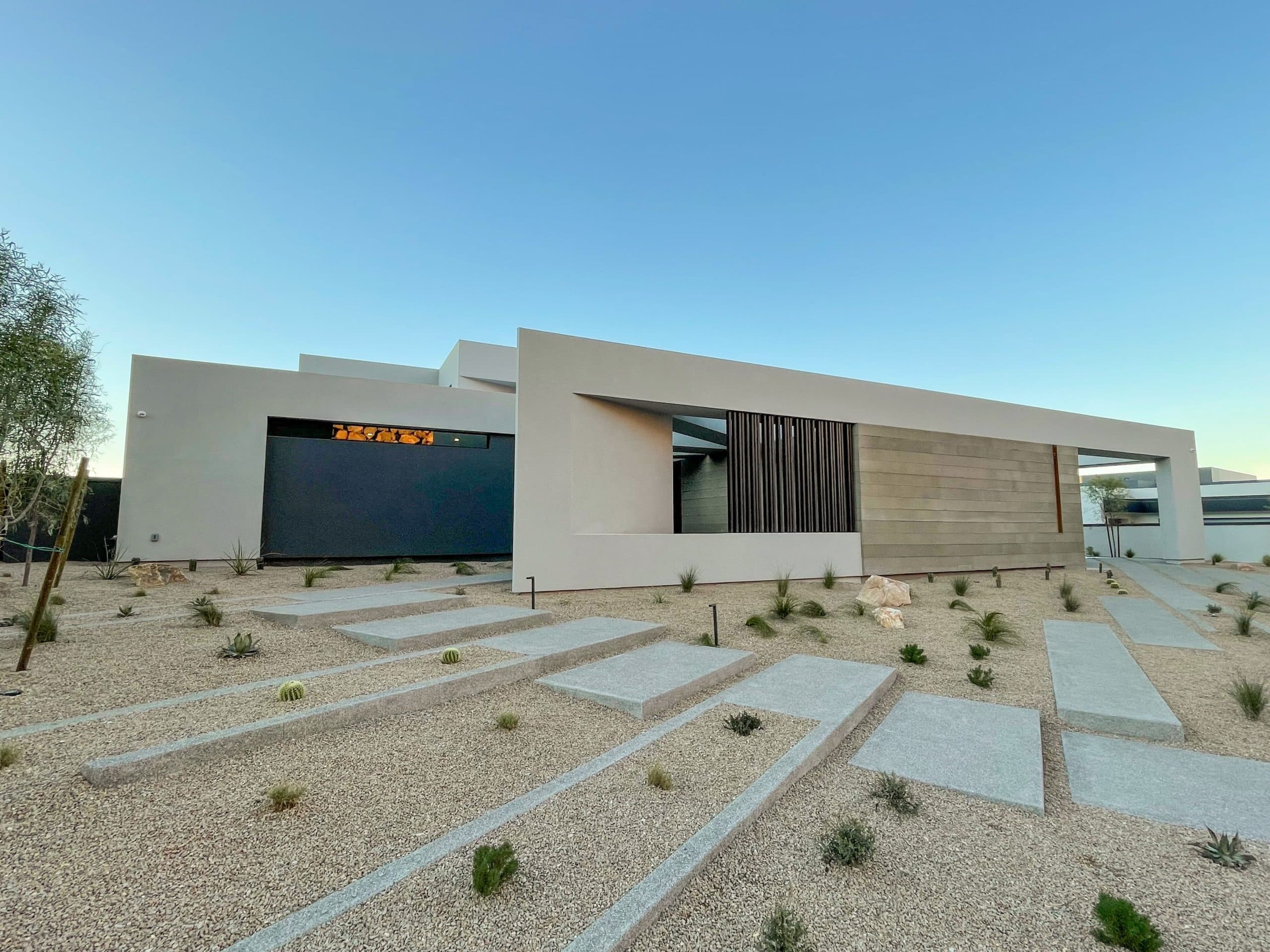 Minimalist desert home exterior with modern architecture.