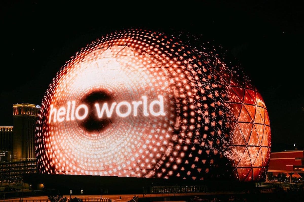 Las Vegas Sphere displaying “hello world” with dynamic LED visuals at night.