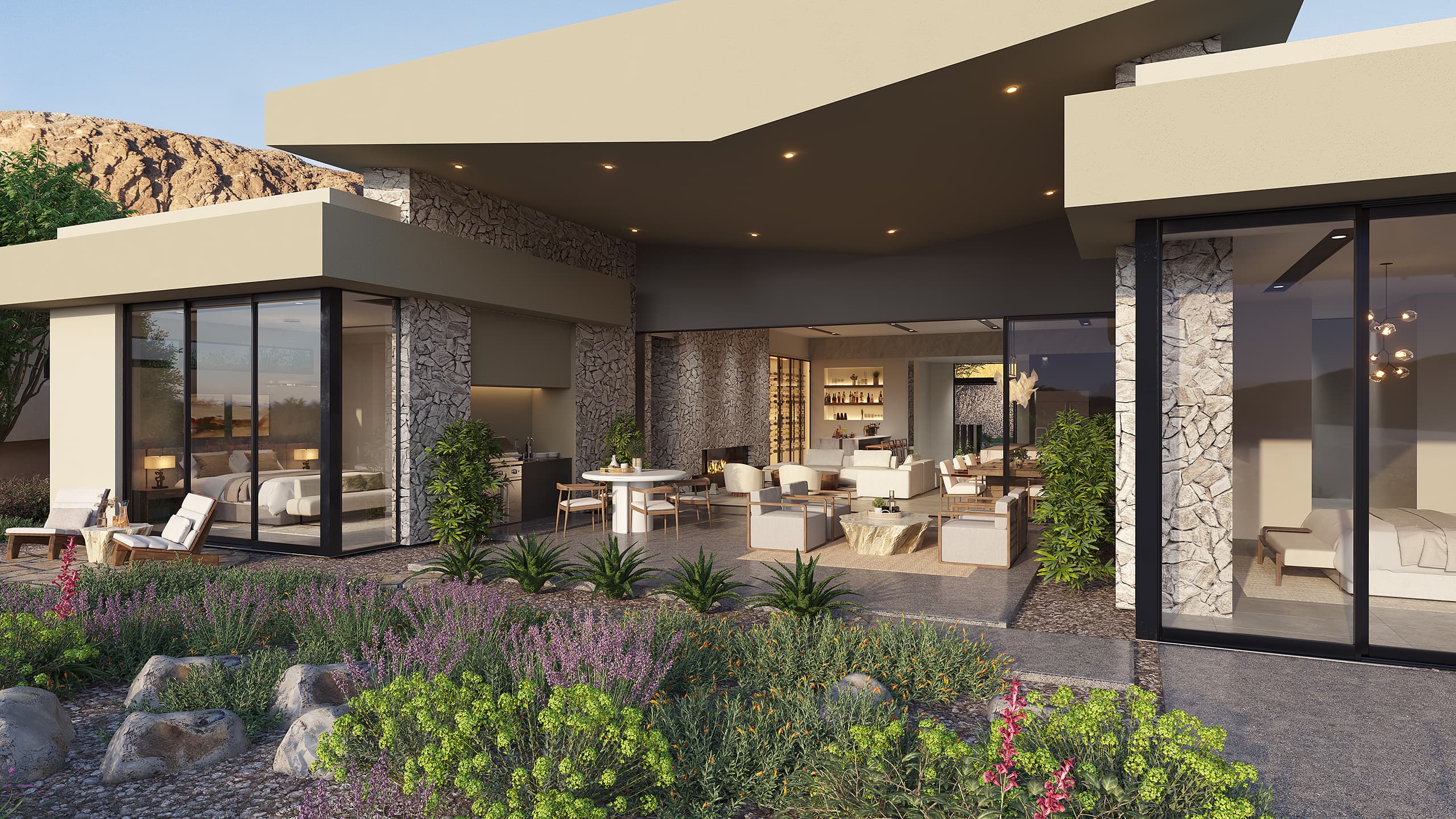 Modern luxury desert home with open-concept patio, floor-to-ceiling glass, and landscaped garden.