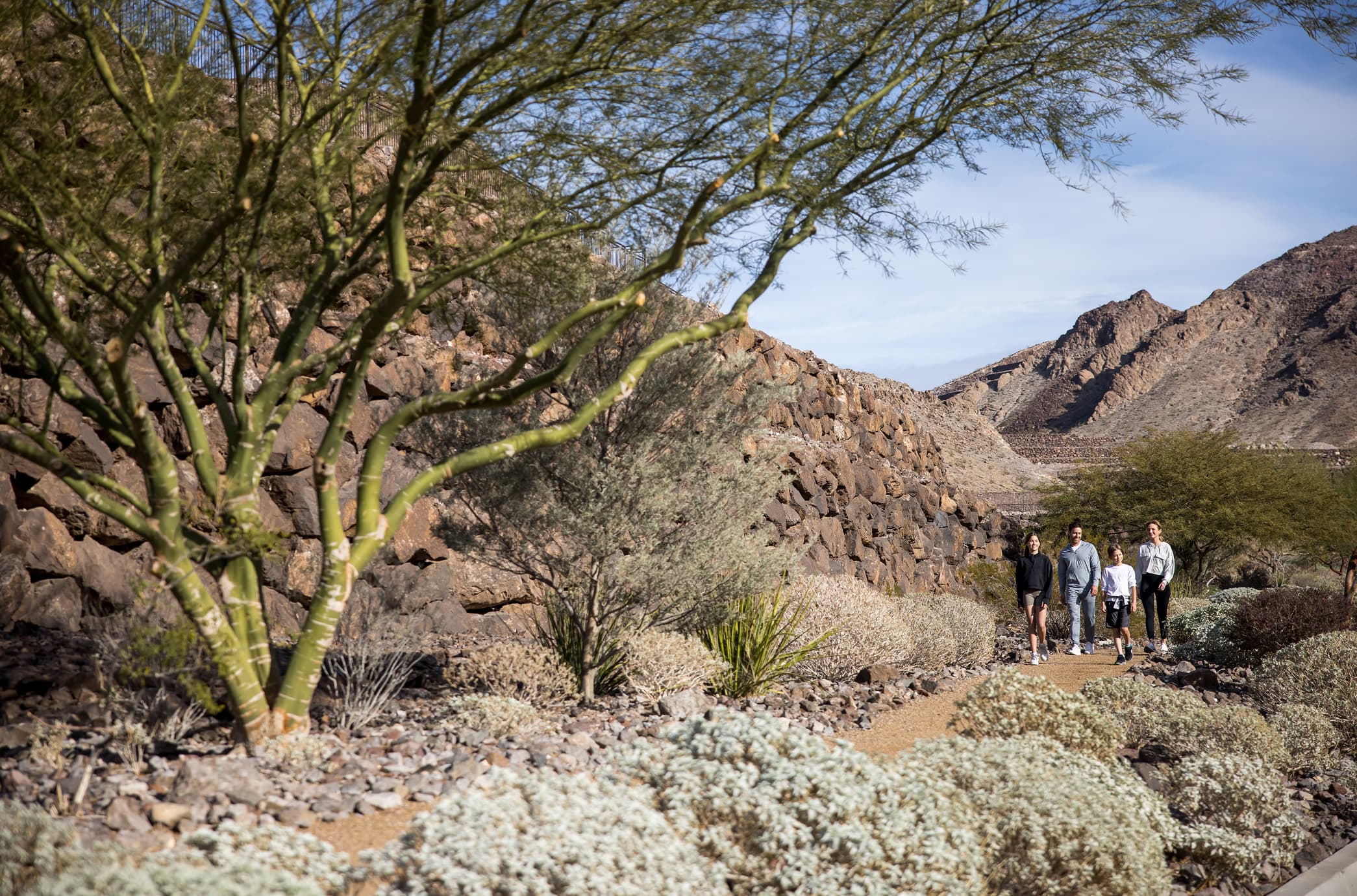 Family walking along a scenic desert trail with rocky mountains, native plants, and outdoor lifestyle setting.